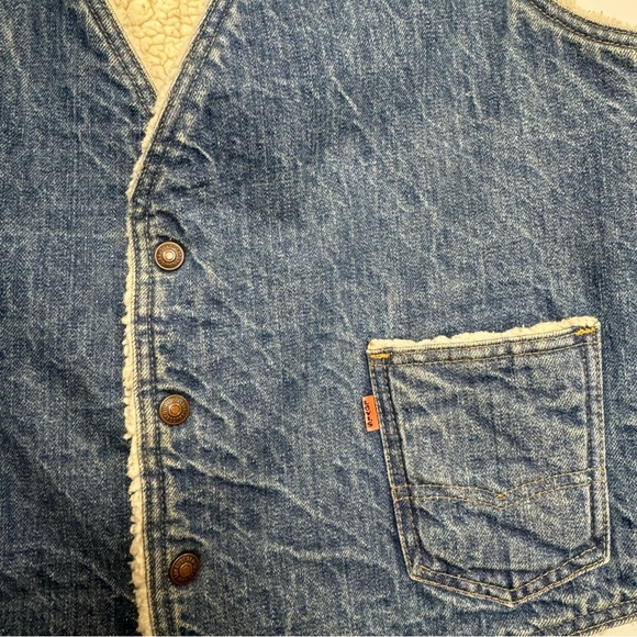 Vintage 70s Levi’s Orange Tab Shearling Lined Denim Vest Snap Button Men’s Large - Picture 2 of 9